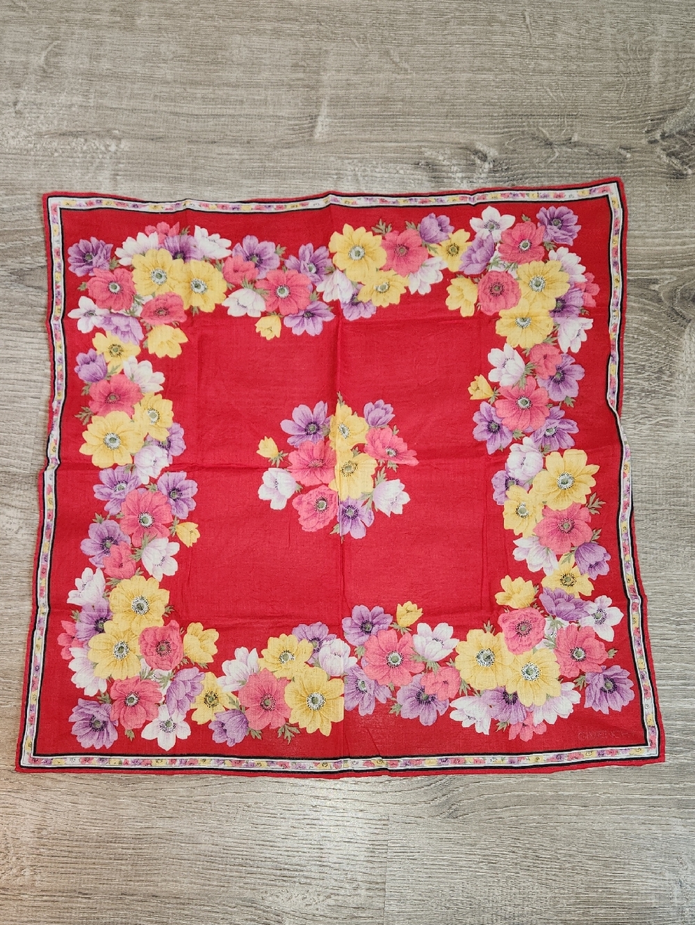 Givenchy Cotton Handkerchief Floral Red Vintage-Style Square Scarf